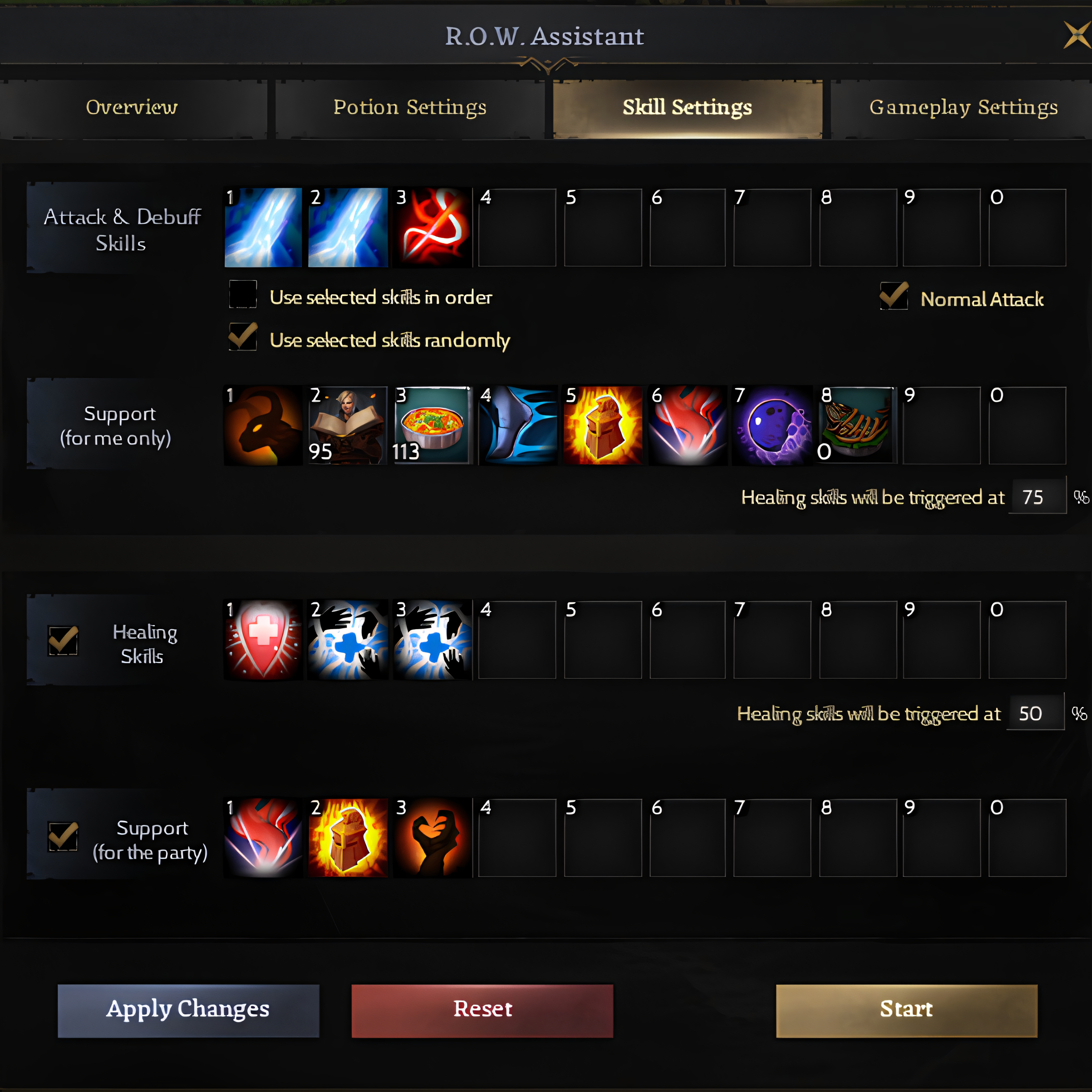 ROWA Skill Settings ekranı