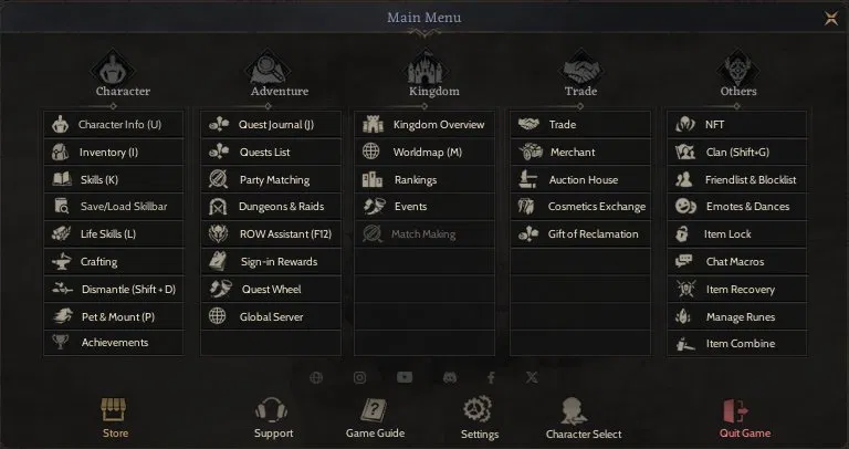 Main Menu — Save/Load Skillbar